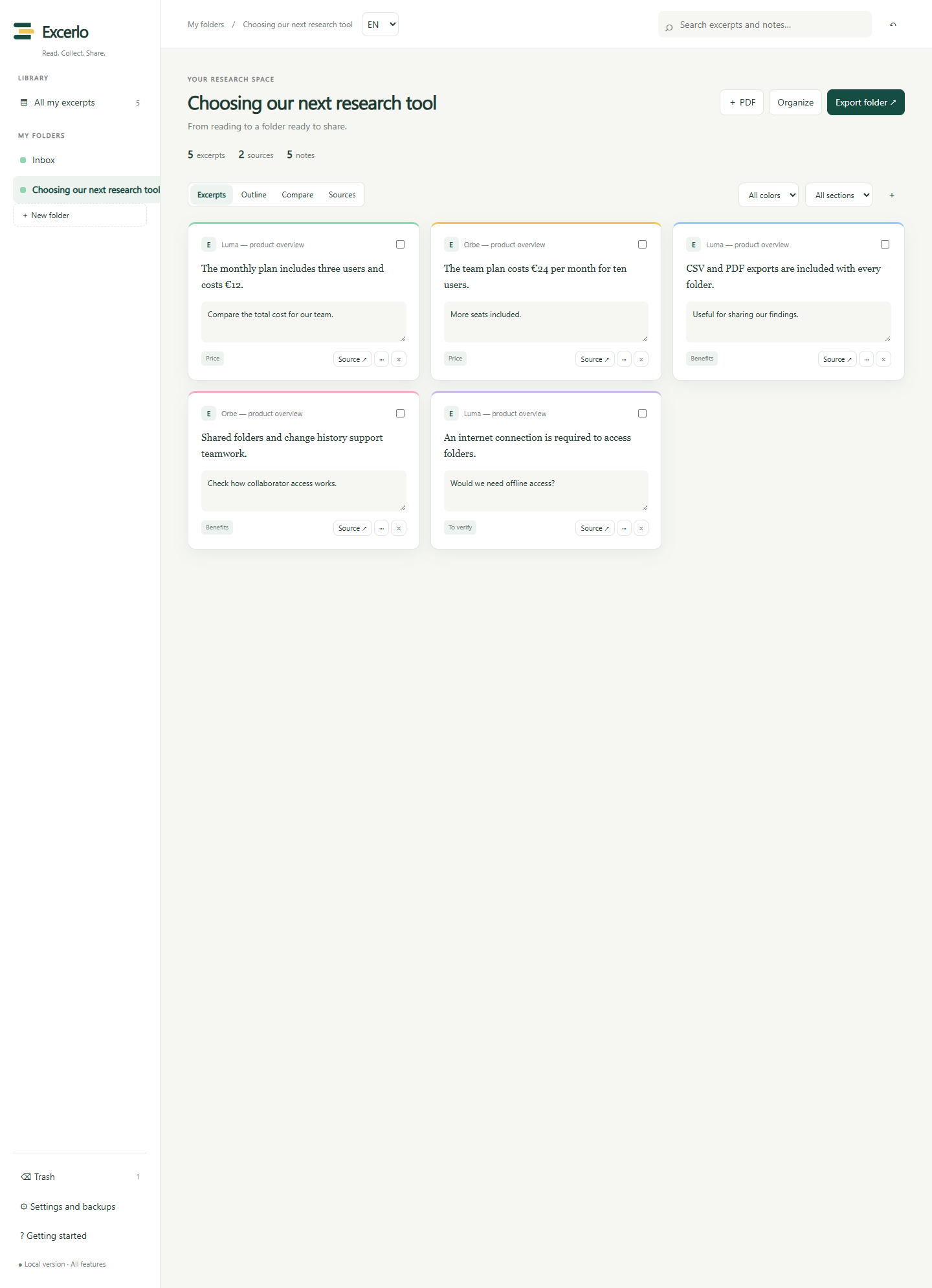 The Excerlo library: color-coded excerpts with notes and sources.